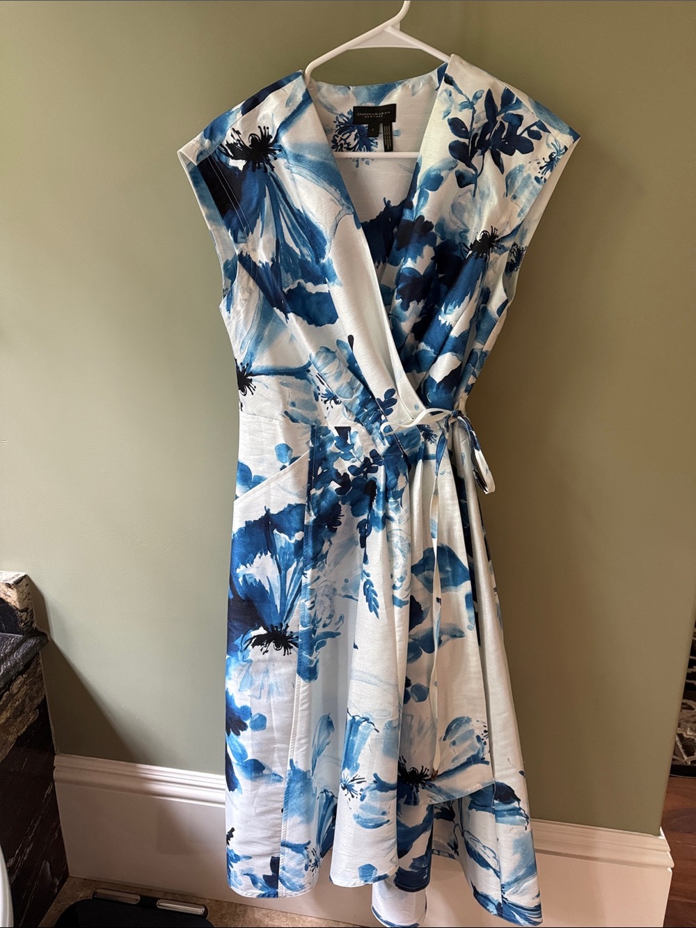 Donna Karan Blue and White Floral Wrap Midi Dress
